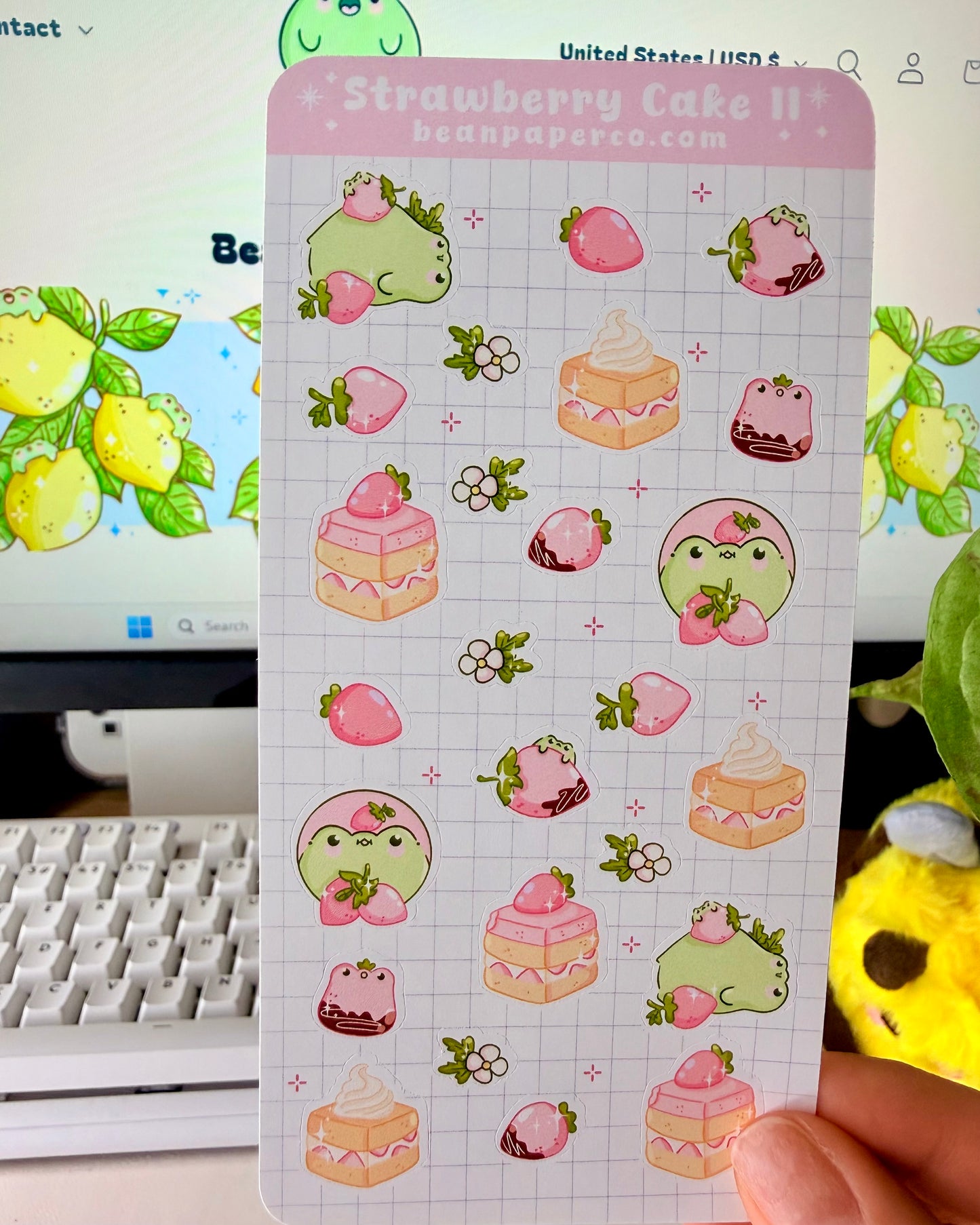 Strawberry Cake II Sticker Sheet with pink strawberries, strawberry cake slices, frog characters, and small floral accents.