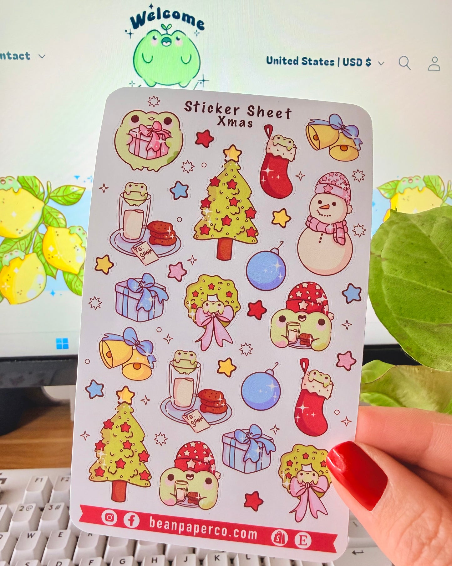“Christmas frog sticker sheet featuring holiday tree, wreath, stockings, snowman, gifts, and festive frog characters.”