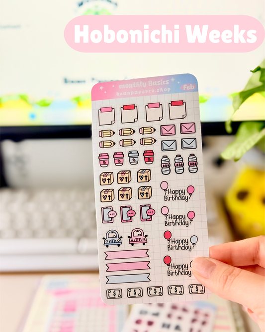 Hobonichi Weeks February Monthly Planner Sticker Kit featuring coffee cups, mail envelopes, package boxes, cars, water bottles, pencils, and birthday balloon stickers in pastel pink and blue.