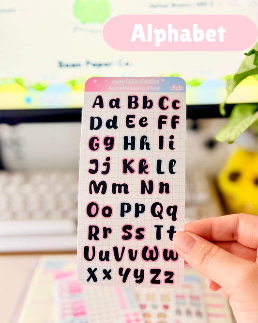 Alphabet Planner Sticker Sheet with A–Z uppercase and lowercase letters for customizing planner spreads.