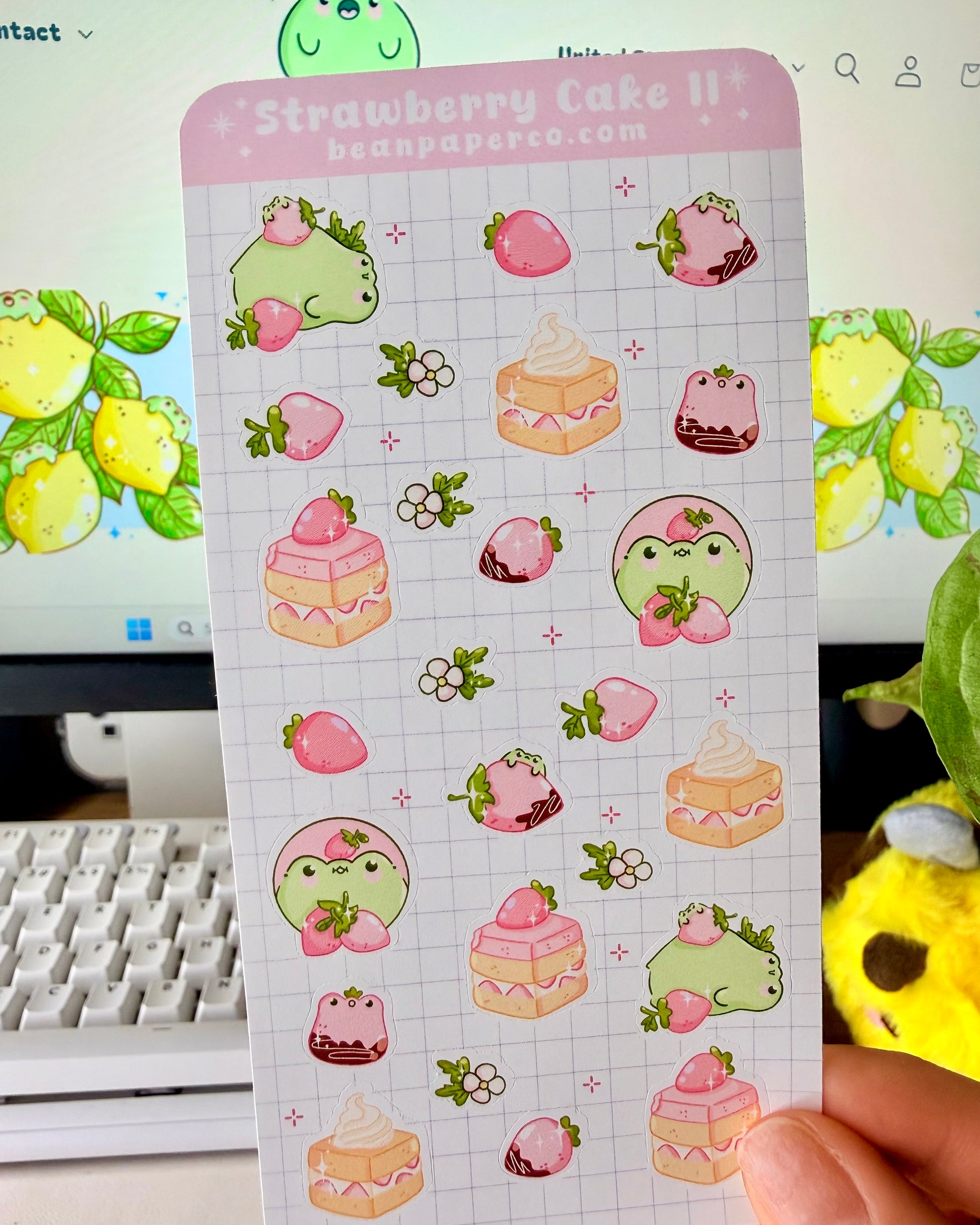 Strawberry Cake II Sticker Sheet with pink strawberries, strawberry cake slices, frog characters, and small floral accents.