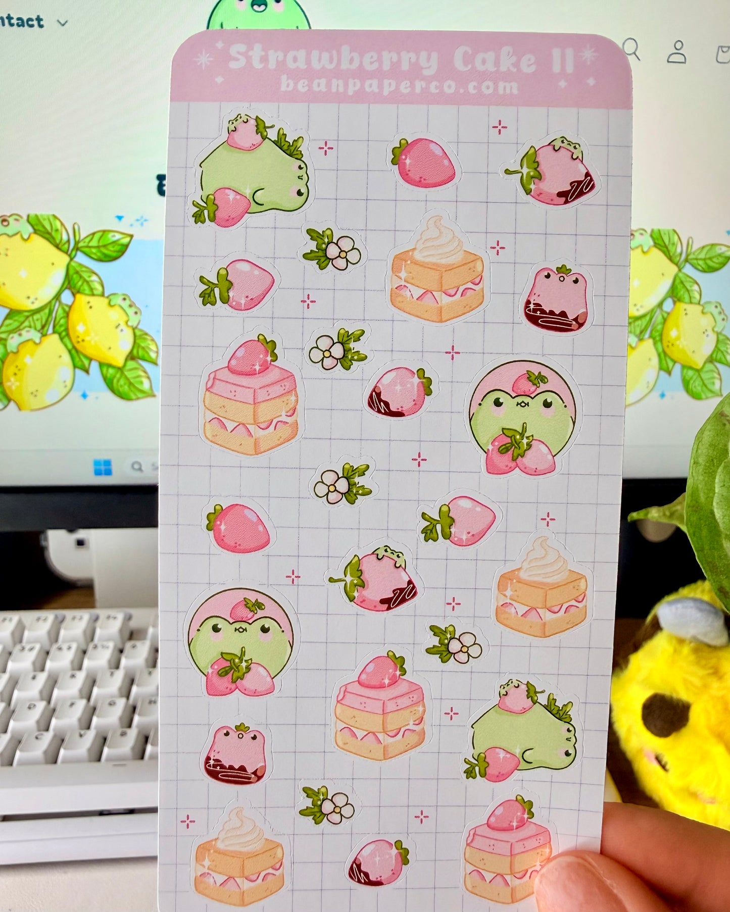 Strawberry Cake II Sticker Sheet with pink strawberries, strawberry cake slices, frog characters, and small floral accents.