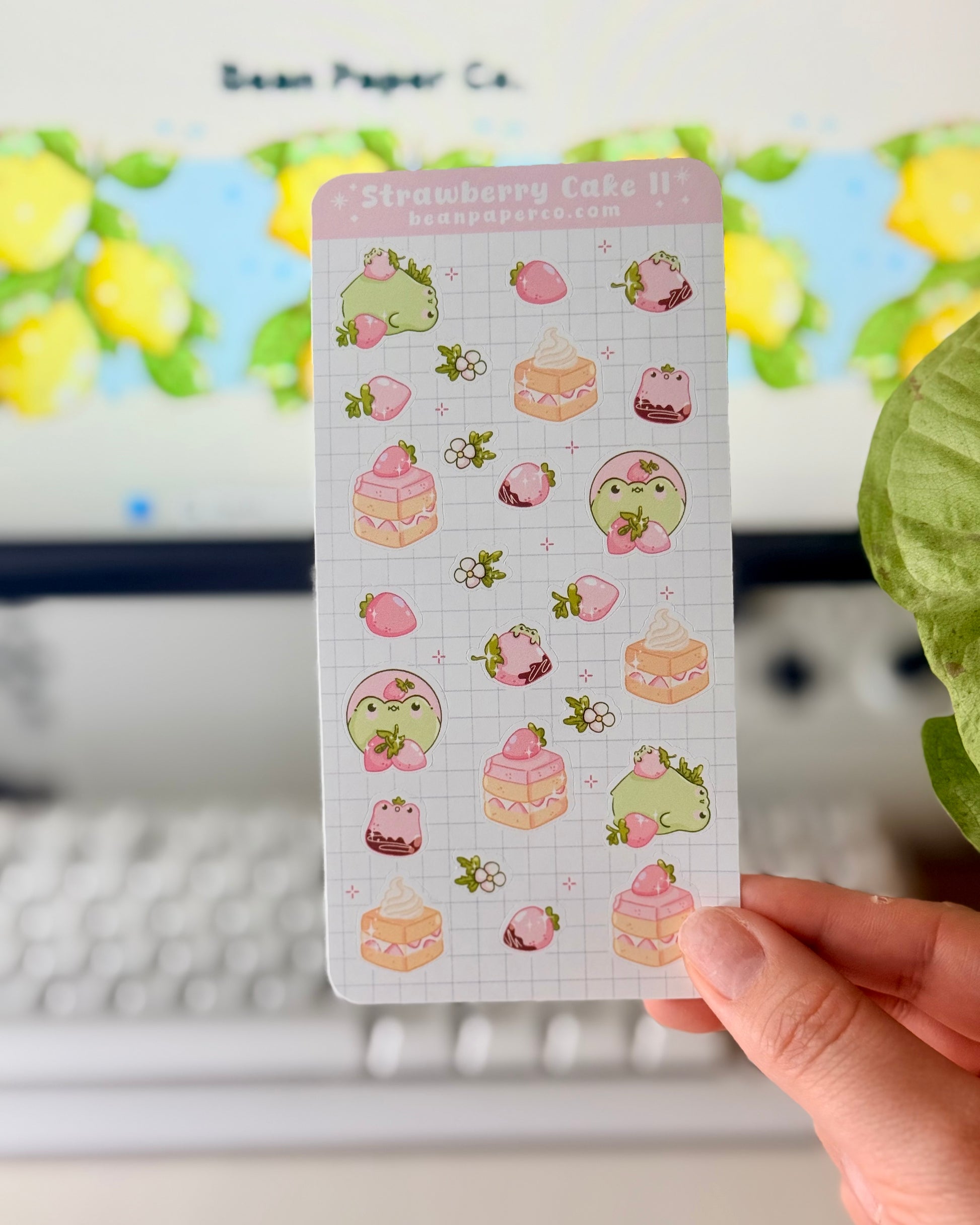 Strawberry Cake II Sticker Sheet with pink strawberries, strawberry cake slices, frog characters, and small floral accents.