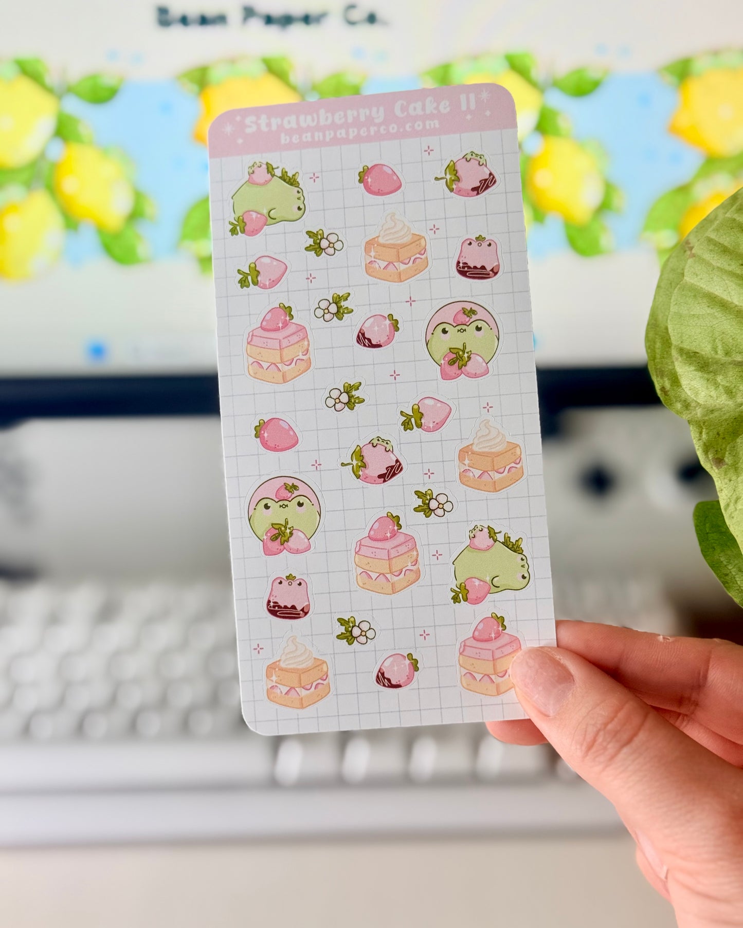 Strawberry Cake II Sticker Sheet with pink strawberries, strawberry cake slices, frog characters, and small floral accents.