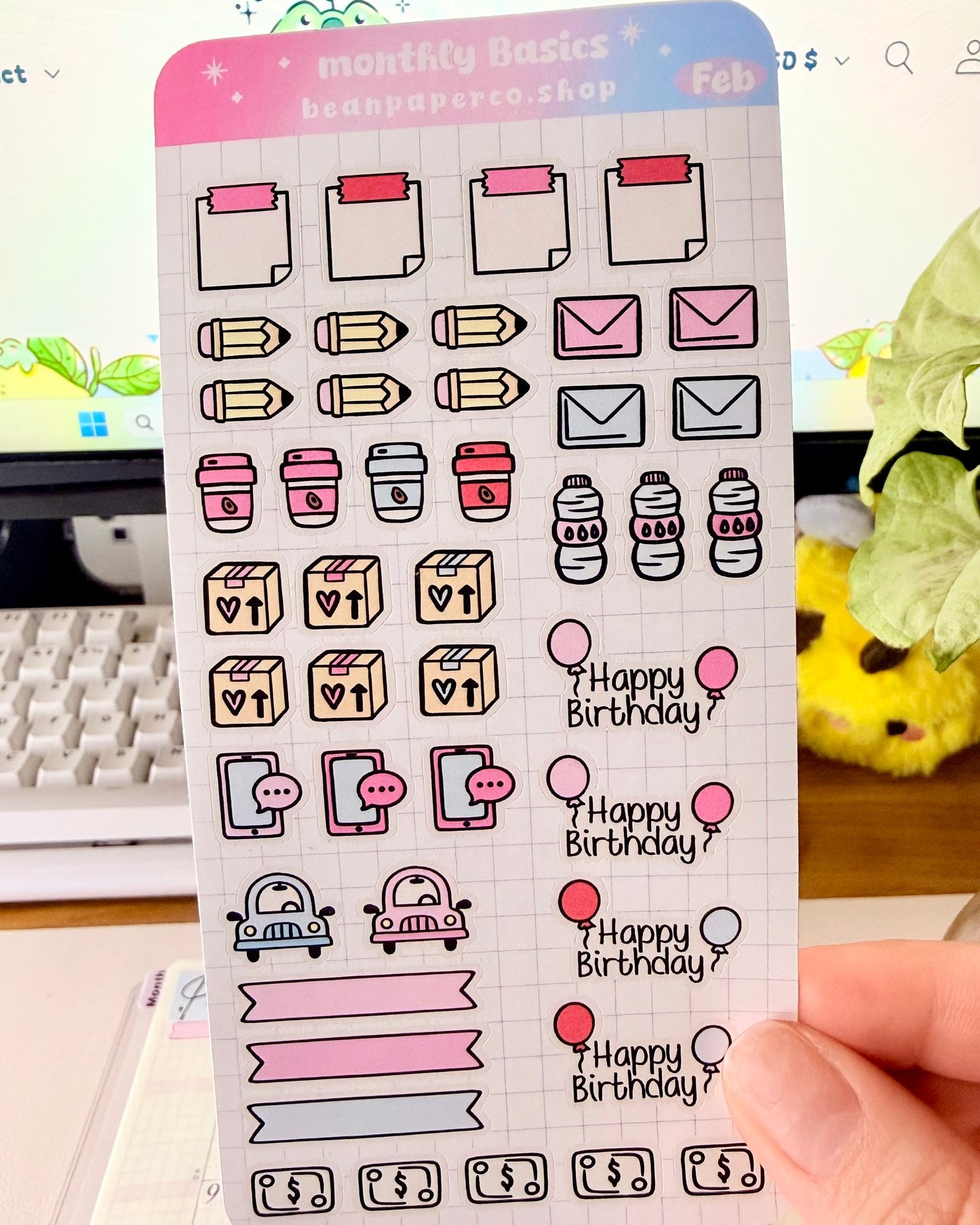 Hobonichi Weeks February Monthly Planner Sticker Kit featuring coffee cups, mail envelopes, package boxes, cars, water bottles, pencils, and birthday balloon stickers in pastel pink and blue.