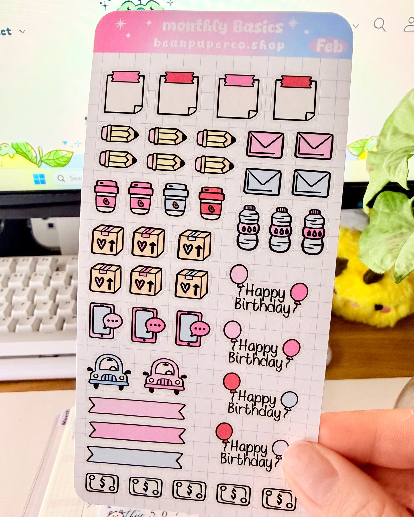 Hobonichi Weeks February Monthly Planner Sticker Kit featuring coffee cups, mail envelopes, package boxes, cars, water bottles, pencils, and birthday balloon stickers in pastel pink and blue.