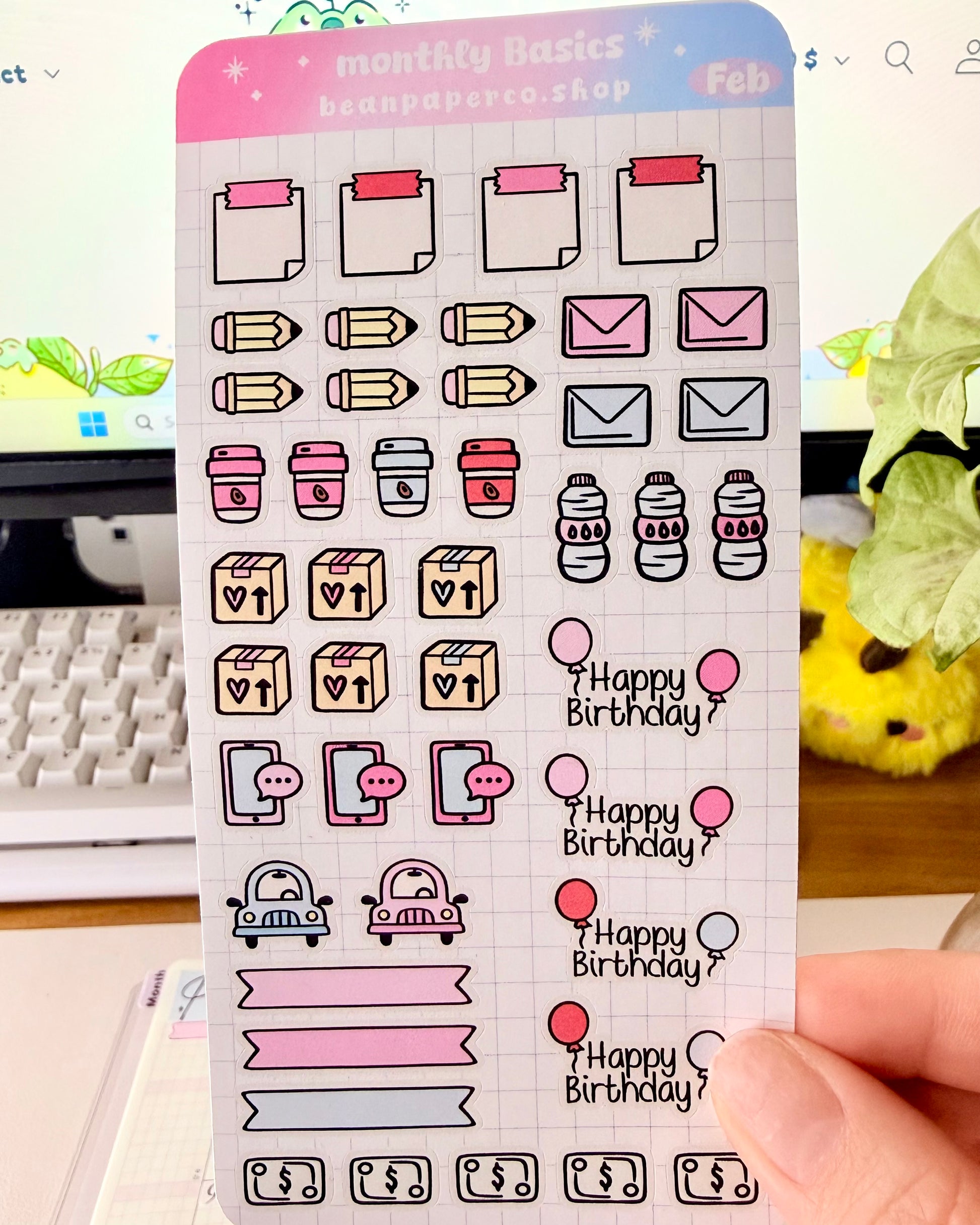 Hobonichi Weeks February Monthly Planner Sticker Kit featuring coffee cups, mail envelopes, package boxes, cars, water bottles, pencils, and birthday balloon stickers in pastel pink and blue.
