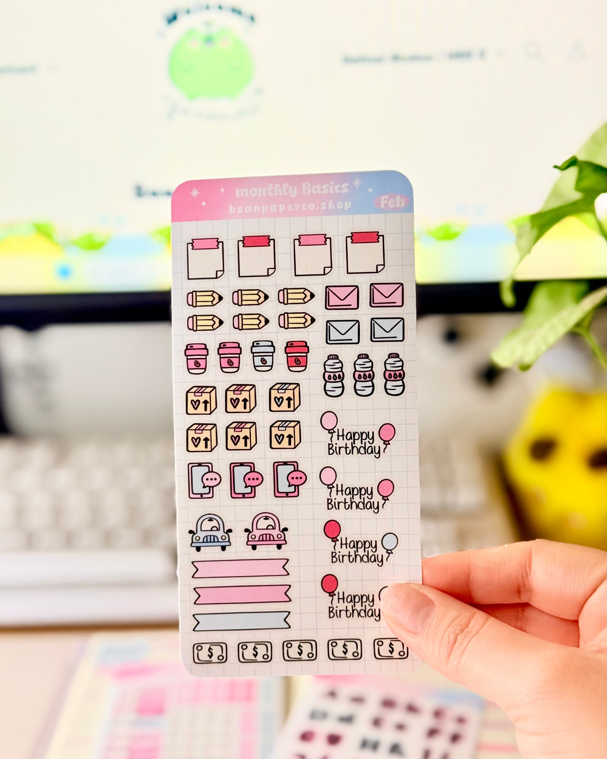 Hobonichi Weeks February Monthly Planner Sticker Kit featuring coffee cups, mail envelopes, package boxes, cars, water bottles, pencils, and birthday balloon stickers in pastel pink and blue.