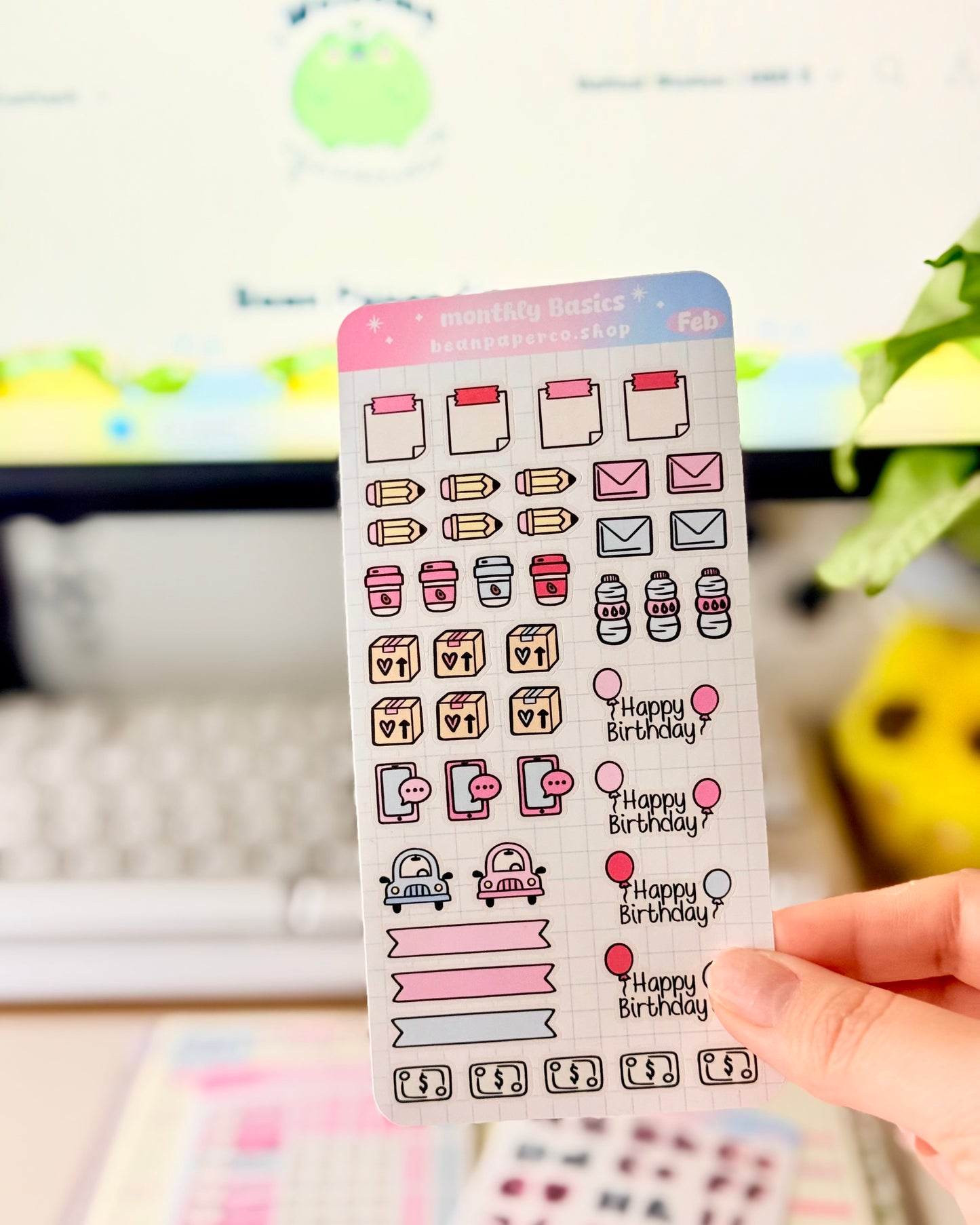 Hobonichi Weeks February Monthly Planner Sticker Kit featuring coffee cups, mail envelopes, package boxes, cars, water bottles, pencils, and birthday balloon stickers in pastel pink and blue.