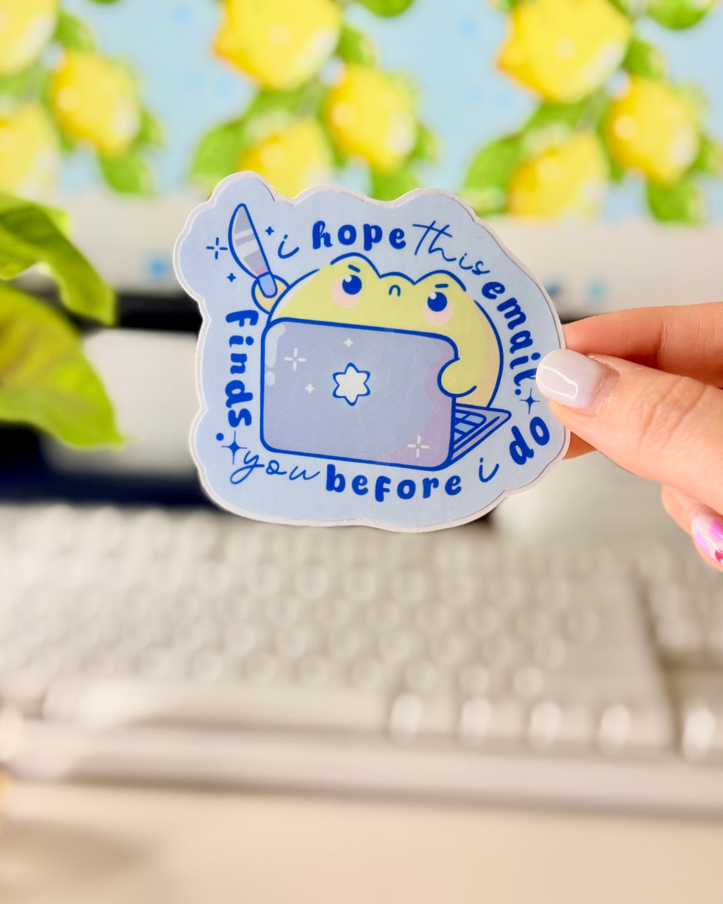I Hope This Email Finds You Before I Do Frog Sticker with a cartoon frog character that's holding a knife.