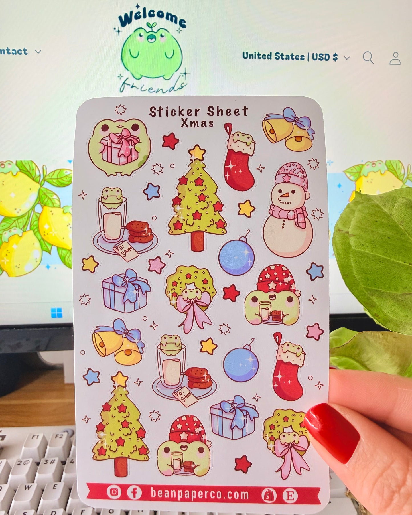 “Christmas frog sticker sheet featuring holiday tree, wreath, stockings, snowman, gifts, and festive frog characters.”