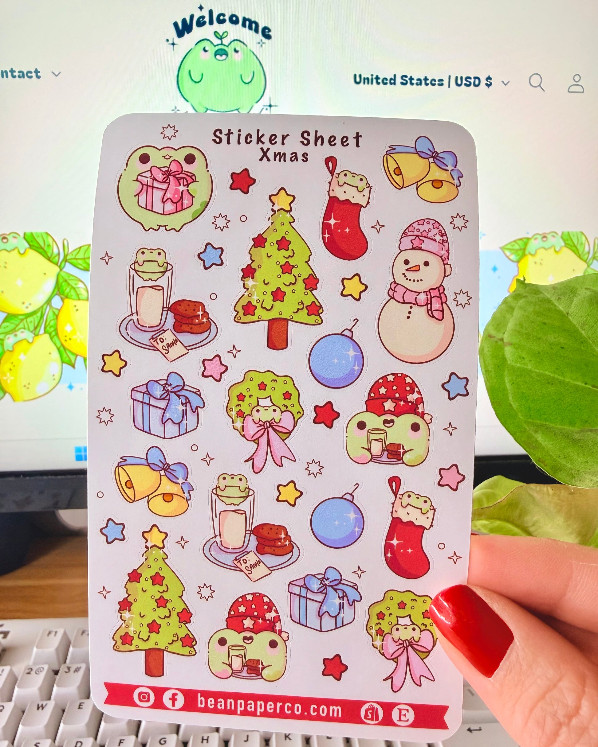 “Christmas frog sticker sheet featuring holiday tree, wreath, stockings, snowman, gifts, and festive frog characters.”
