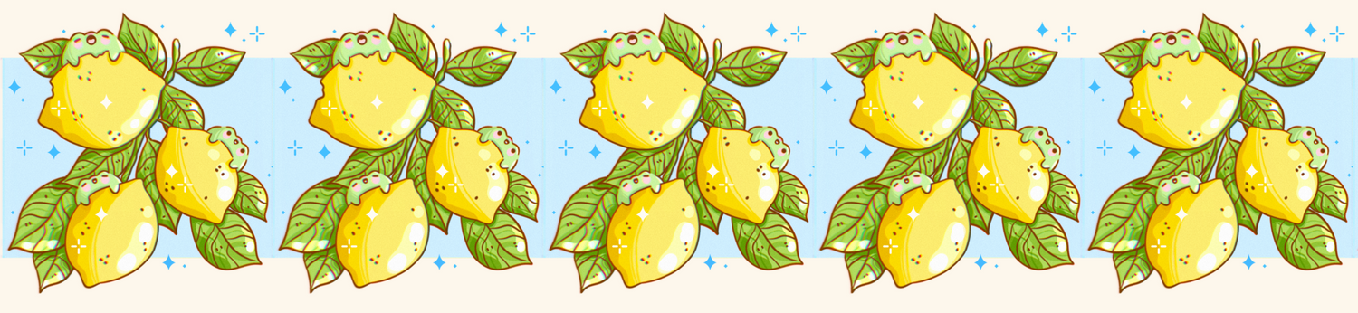 Decorative border with cartoon lemons and leaves on a blue background with frogs on the lemons.