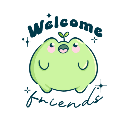 Cartoon frog character with 'Welcome friends' text with rosy cheeks mouth opened showing its tongue and a leaf on its head.